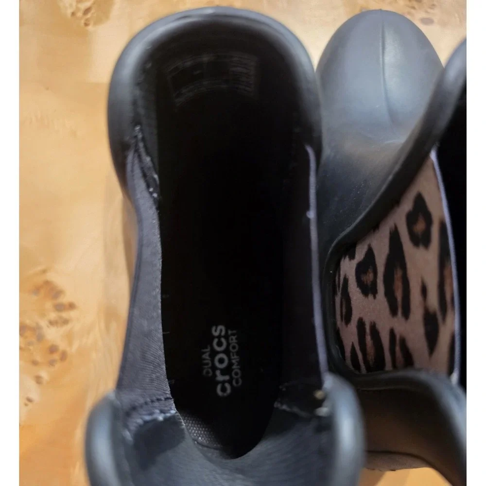 Crocs Freesail Chelsea Rain Boots Women's 6 Black Leopard Waterproof 204630